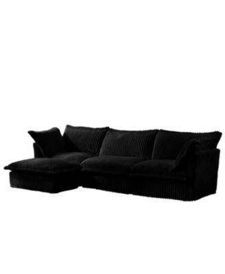 L-Shaped Black Corduroy Sectional Sofa with Ottoman