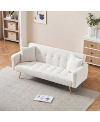 Beige Teddy Fleece Sofa Bed with 2 Throw Pillows