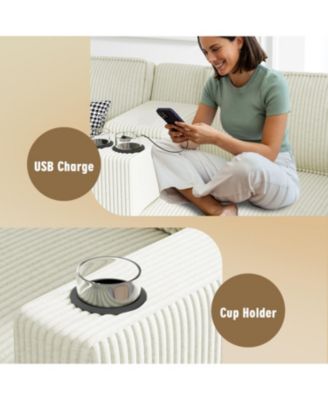 L-Shaped Corduroy Sofa w/ Storage USB & Console