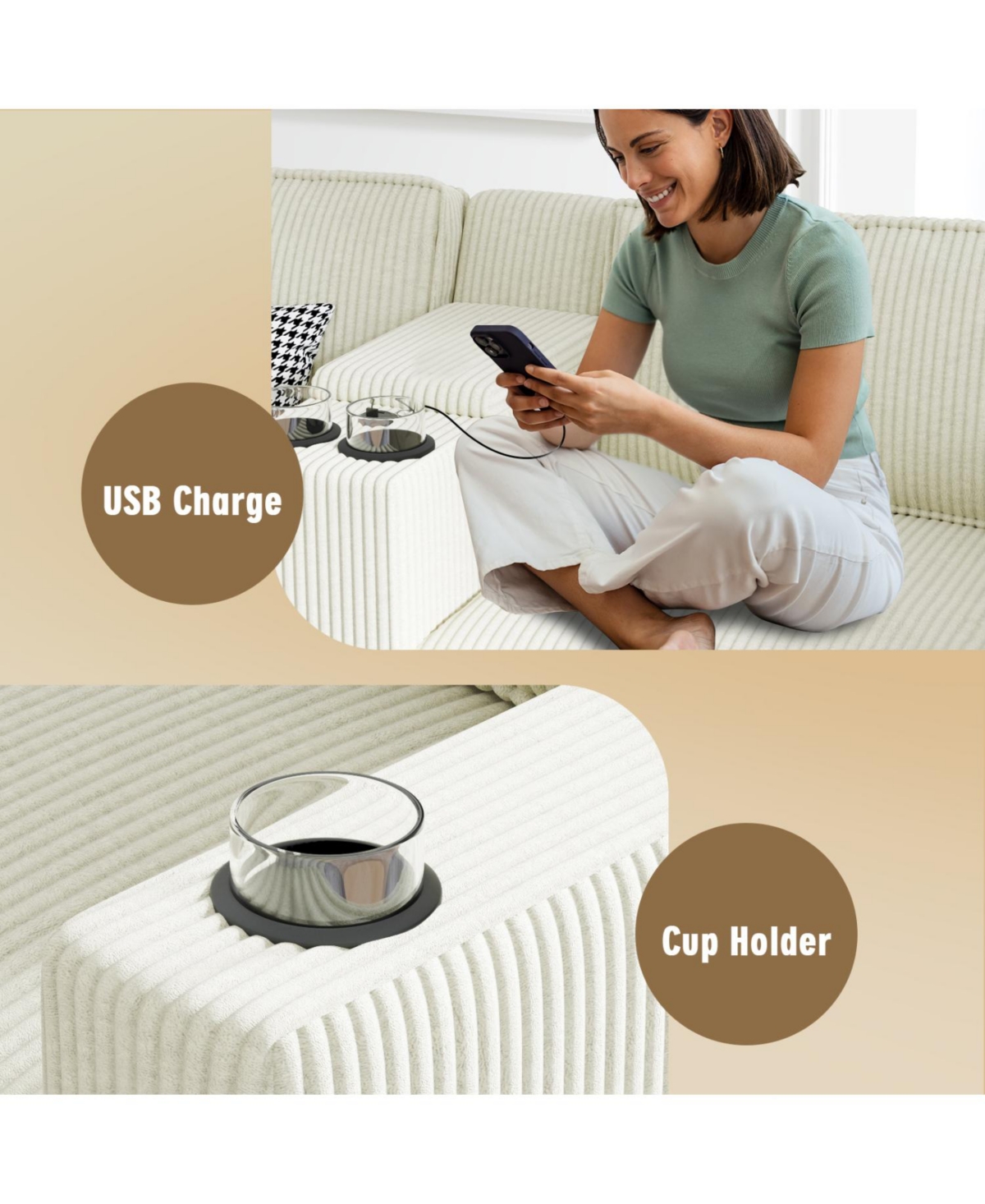 Streamdale Furniture L-Shaped Corduroy Sofa w/ Storage Usb & Console