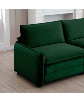 Green Corduroy Two-Seater Sofa with Ottoman