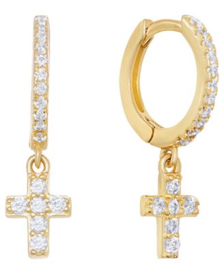 Cubic Zirconia Religious Cross Charm Dangle Huggie Hoop Earrings