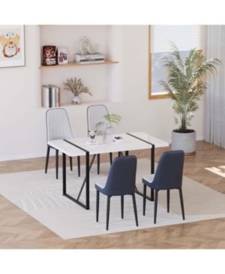 55" Modern Dining Table Set, Black Metal Legs, White Top, PU Chairs
