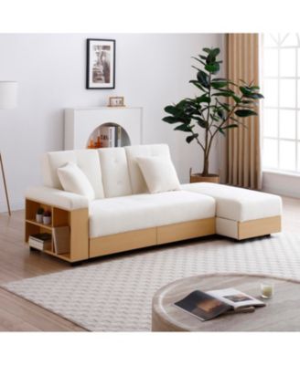  Convertible Sleeper Sofa Bed with Storage Ottoman & Drop Down Table - Beige
