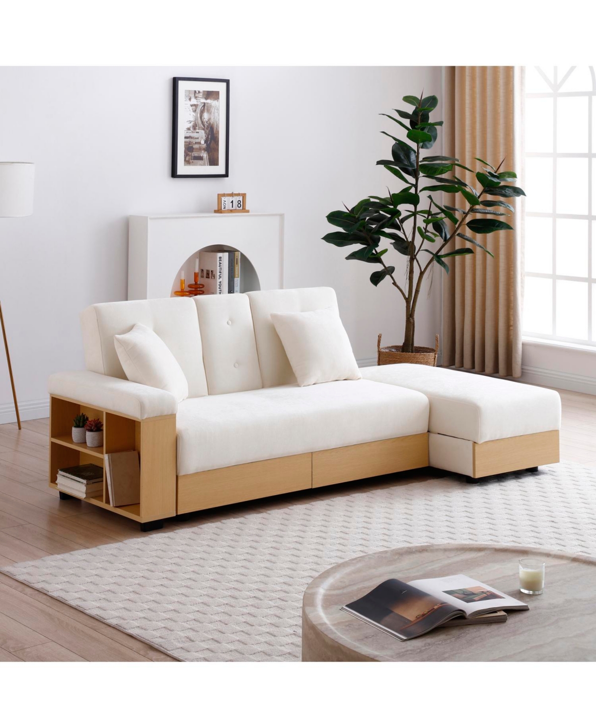 Streamdale Furniture Convertible Sleeper Sofa Bed with Storage Ottoman & Drop Down Table - Beige