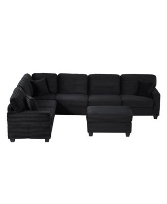 U-Shaped Sectional Sofa with Ottoman & Storage Pockets, Black