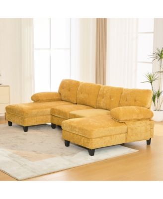 U-Shaped Chenille Sectional Sofa with Dual Chaise & Storage - Yellow