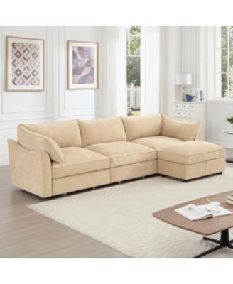 L-Shaped 3-Seater Chenille Sofa with Footstool - Wheat