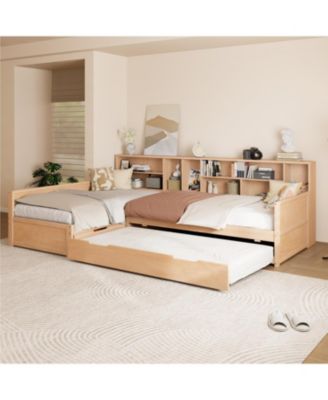 Twin L-Shaped Daybed with Trundle, Storage & Bookcases - Natural