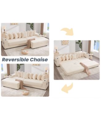 Corduroy L-Shaped Sectional Sofa with Ottoman, Pillows & Cup Holders - Beige