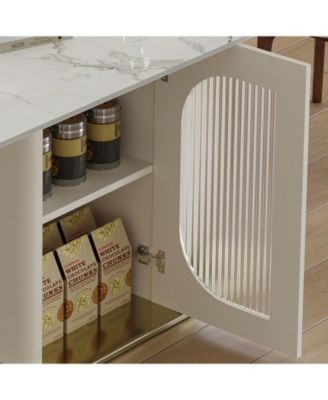 63" Modern Dining Table Set, Burnt Stone Top, Gold Base, 4 White Chairs