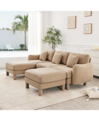  Boucle U-Shape Sectional Sofa with Ottomans & Shell Armrests - Coffee