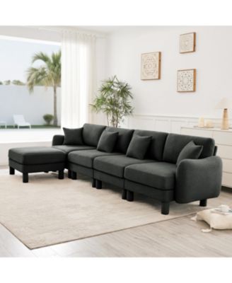 Boucle 4-Seater Sectional Sofa with Ottoman, Shell Armrests