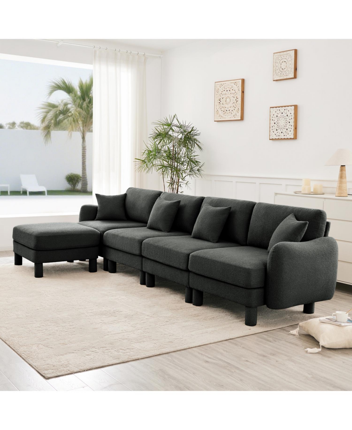 Streamdale Furniture Boucle 4-Seater Sectional Sofa with Ottoman, Shell Armrests