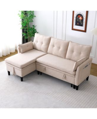 L-Shaped Sectional Sofa w/ Storage - Beige Cotton-Linen