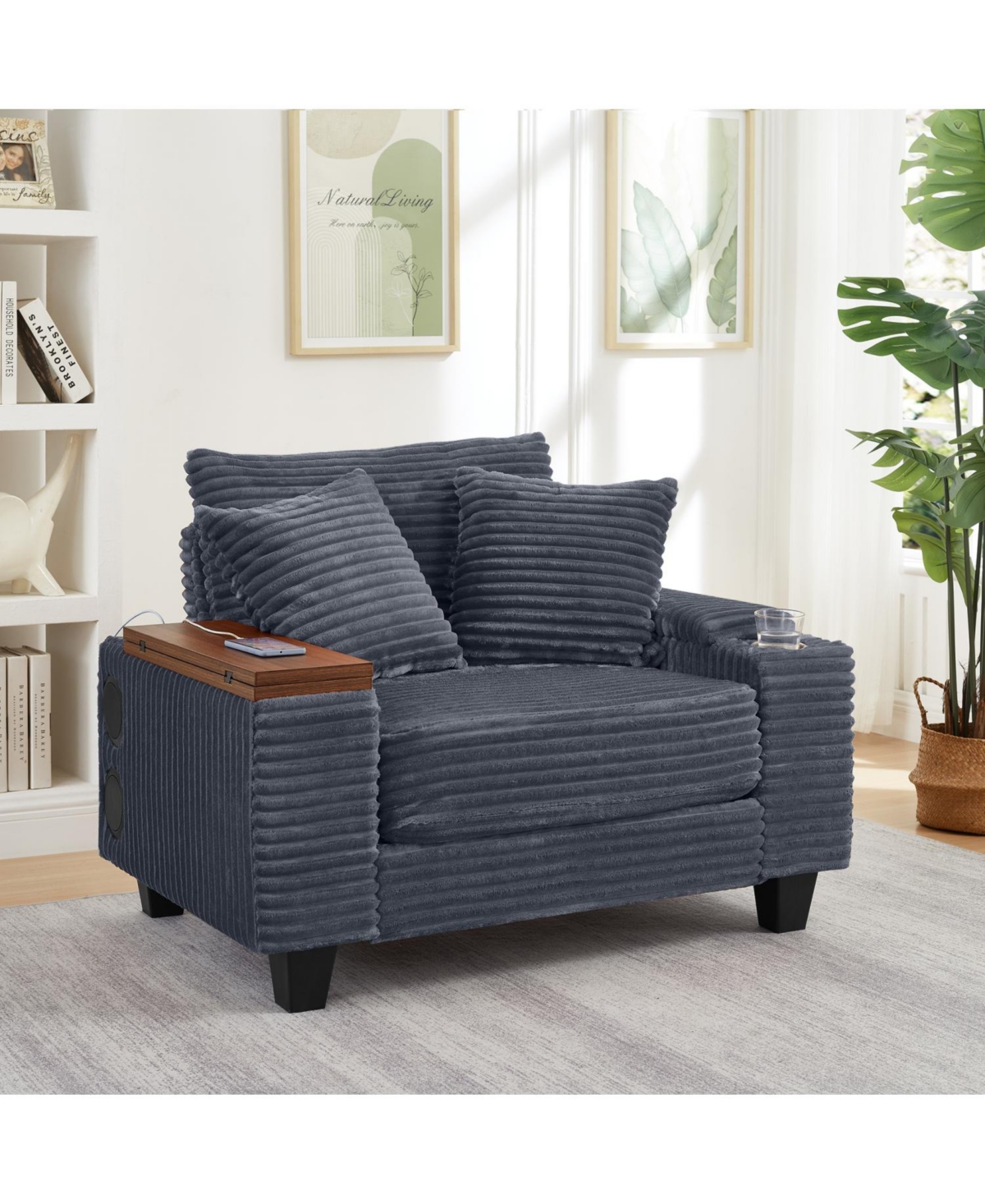 Streamdale Corduroy Sofa Bed with Ottoman, Bluetooth, Usb, Rotating Table