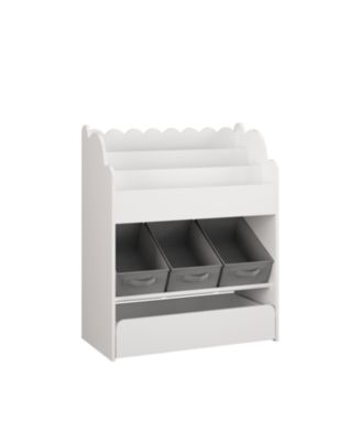 Kids Bookshelf with Storage Bins & Drawer - White Wooden Book Organizer