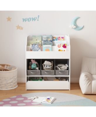 Kids Bookshelf with Storage Bins & Drawer - White Wooden Book Organizer