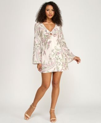 Juniors' Long-Sleeve V-Neck Short Dress