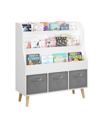 Streamdale Kids Bookshelf with 3 Fabric Bins White Wooden Book Organizer