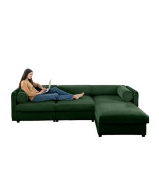 Elegant Green Chenille L-Shaped Sofa with Storage and Ottoman.
