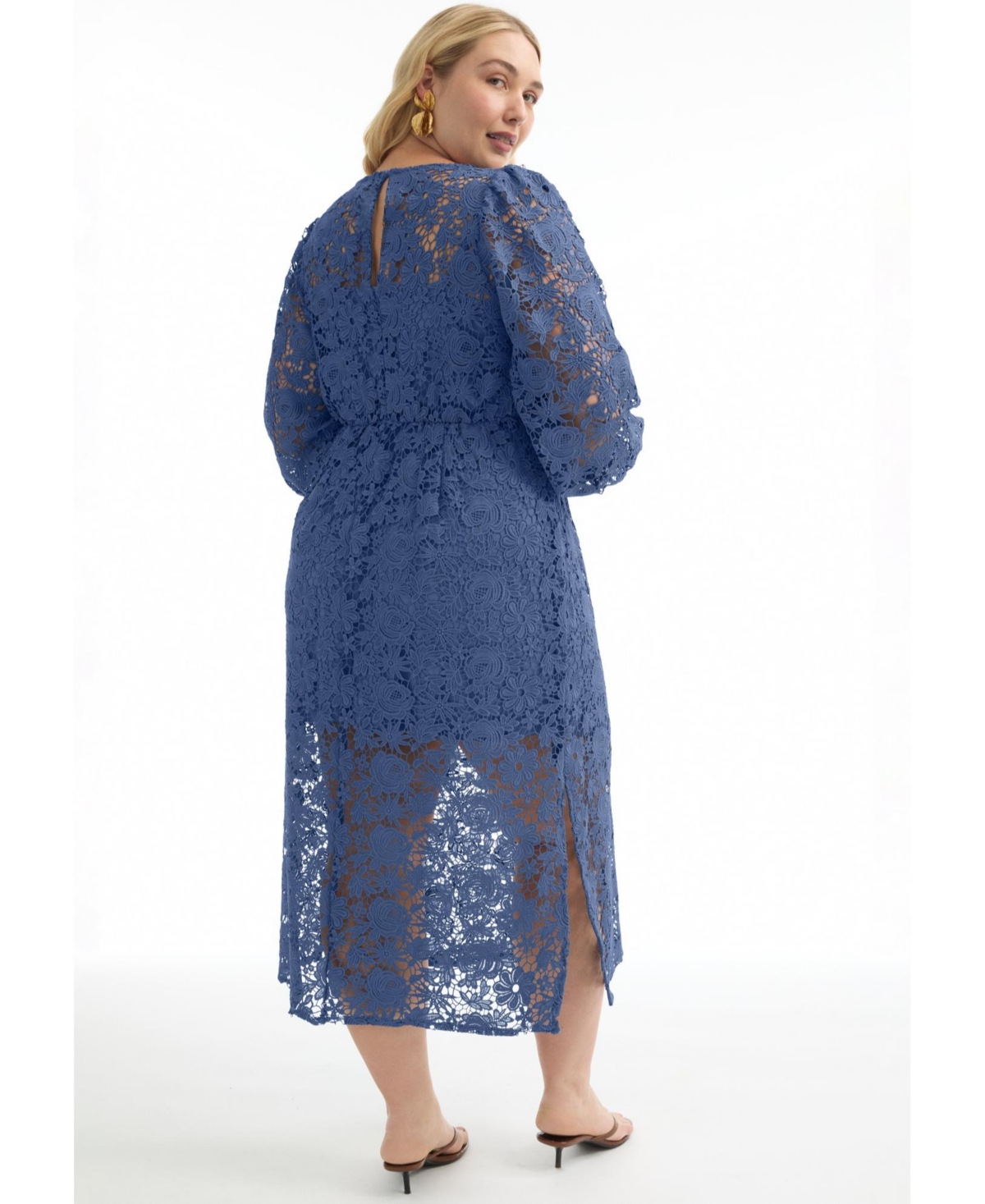 June & Vie Women's + Puff Sleeve Lace Midi Dress