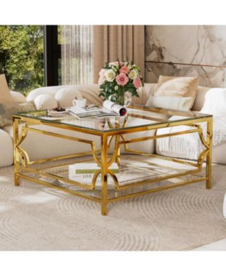  Square Glass Coffee Table, Gold Geometric Frame, Lower Shelf