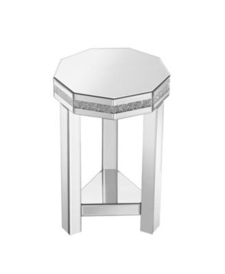 Mirrored Octagon End Table with Crystals, 2-Tier Silver Accent Table
