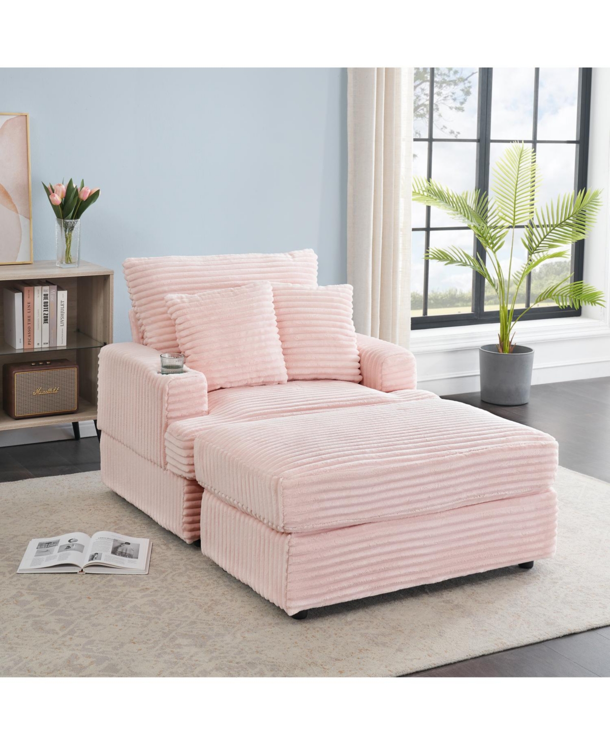 Streamdale Furniture Corduroy Armchair & Ottoman Set with Cup Holder