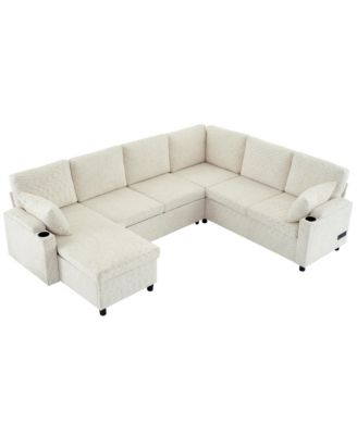 109.9" U-Shaped Sectional Sofa Bed with Storage, Cup Holders & Charging