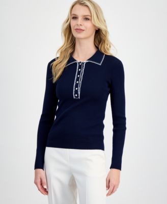 Women's Whipstitch Trim Ribbed Knit Sweater