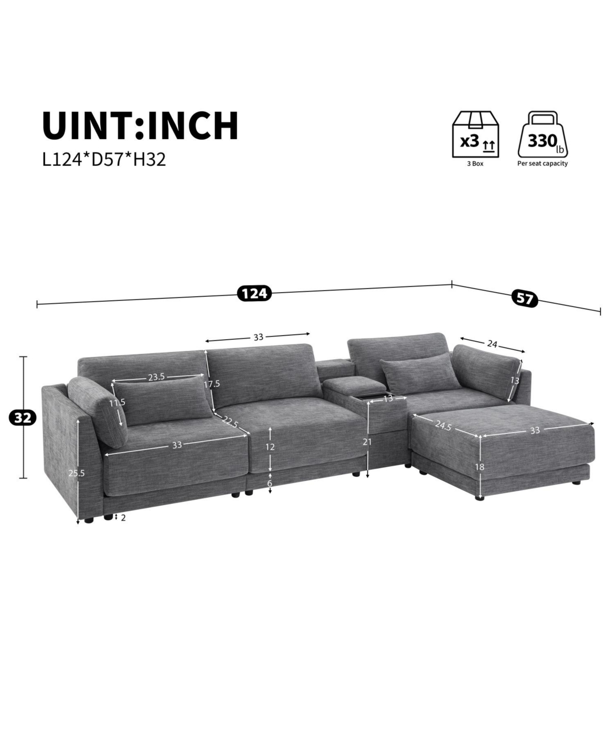 Streamdale Furniture 124" Modular Sectional Sofa w/ Storage, Ottoman, Usb Charger