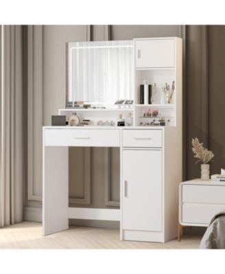 Vanity Desk with Mirror, LED Light, Drawer & Storage