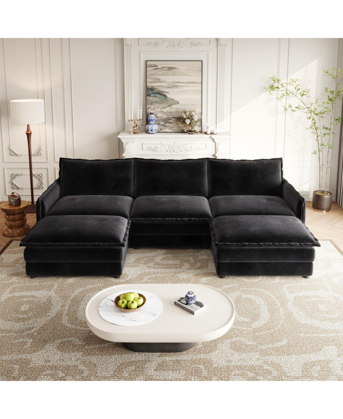 Streamdale Furniture Corduroy 3-Seater Cloud Couch with Footrests & Cushions