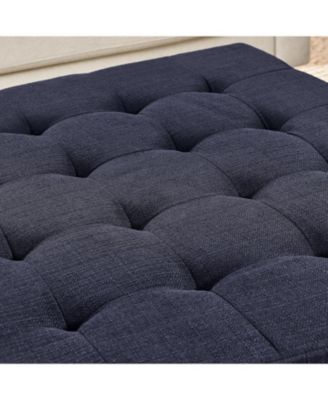 Streamdale Navy Blue Linen Tufted Ottoman w/ Wood Frame & Shelf