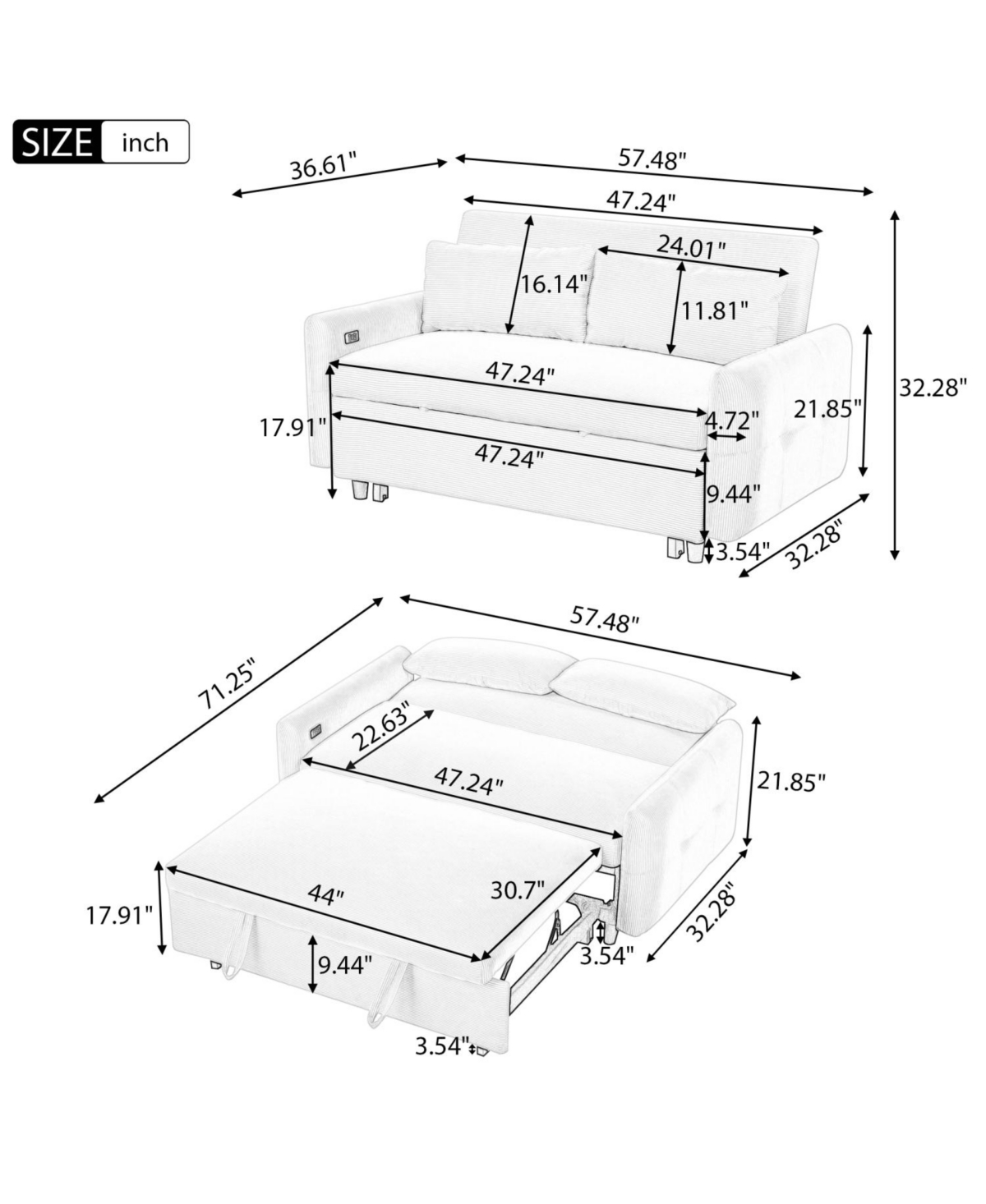 Streamdale Furniture Pull-out Sofa Bed Modern 2-Seat Loveseat with Usb Ports