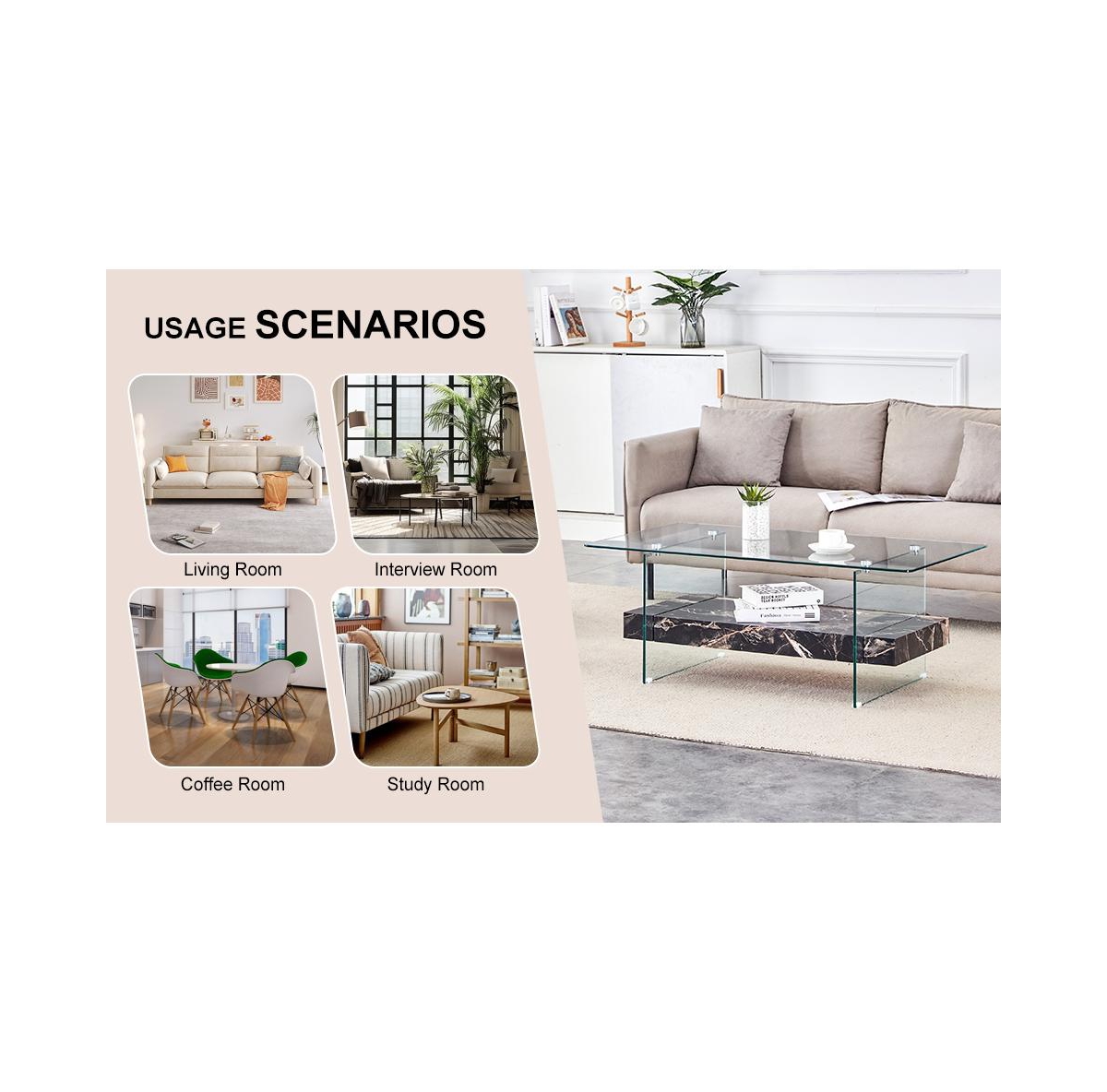 Streamdale Furniture Streamdale Modern Two-Tier Coffee Table Glass and Marble Pattern