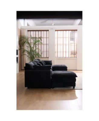 U-Shaped Chenille Sectional Sofa with Coffee Table (White)