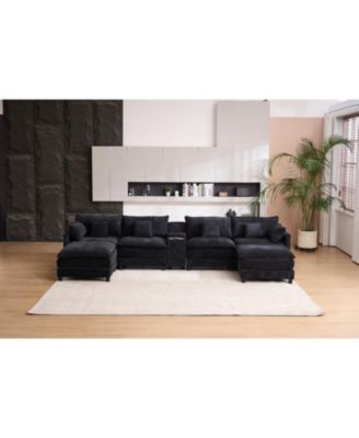 U-Shaped Chenille Sectional Sofa with Coffee Table (White)