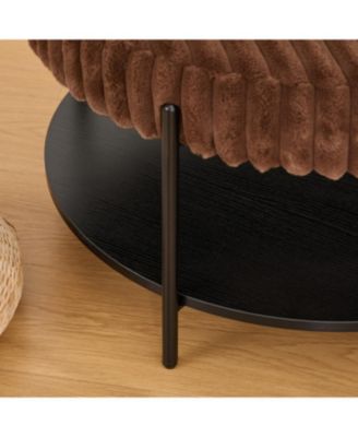 Upholstered Round Ottoman Coffee Table with Storage Shelf - Brown