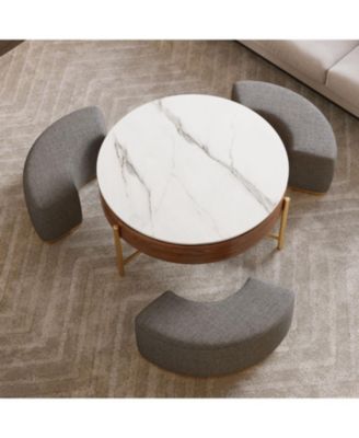 Lift-Top Coffee Table Walnut Veneer Ottomans