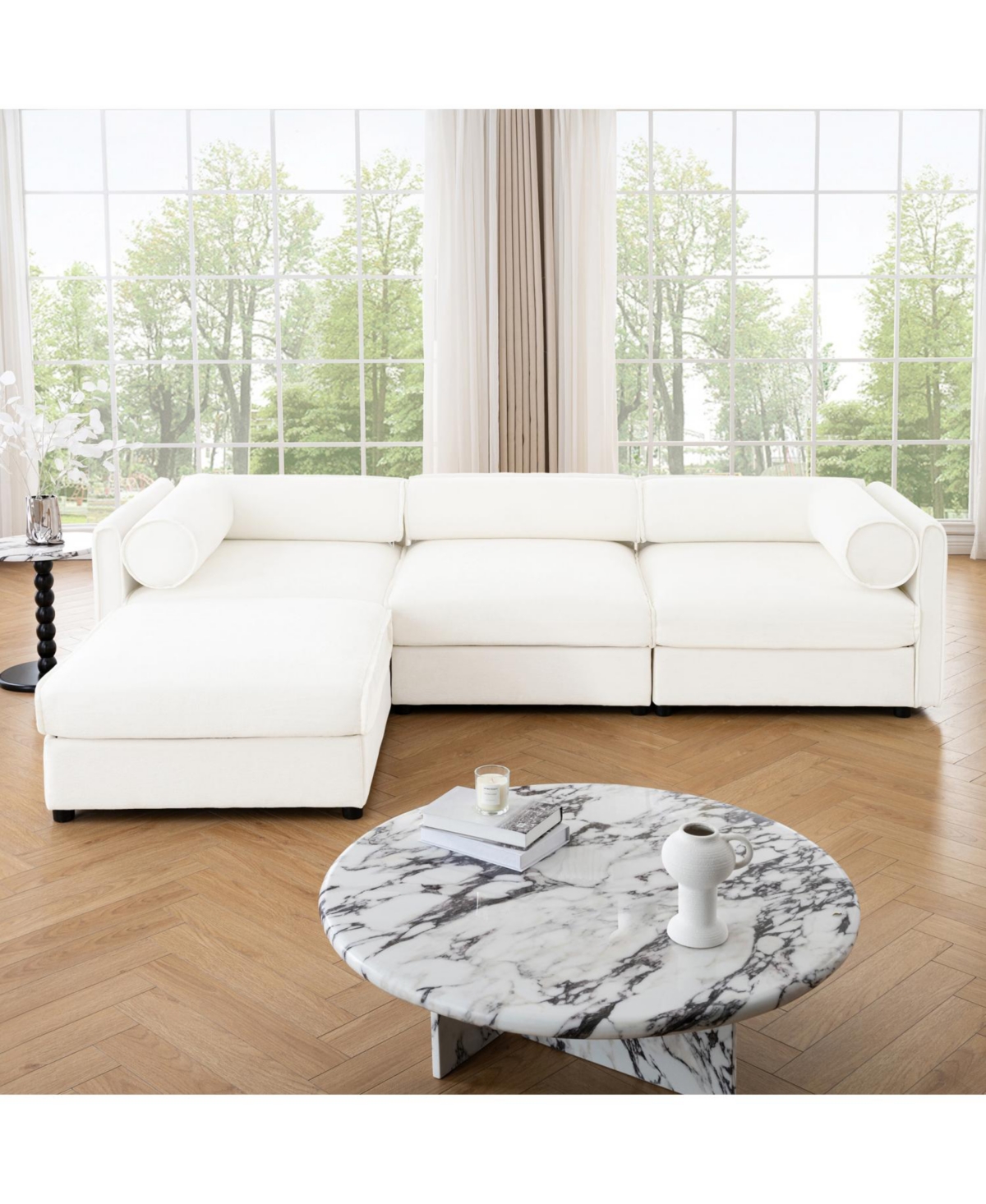 Streamdale Furniture White Chenille Sofa with Storage & Ottoman