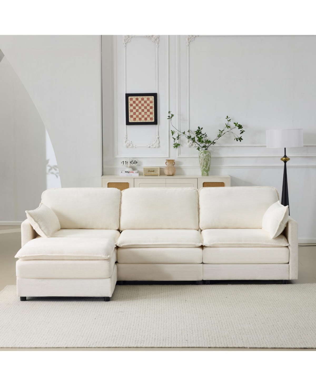 Streamdale Furniture Streamdale Plush Cloud 3 Seater Sofa & Ottoman - Beige Chenille Cushions & Throw Pillows