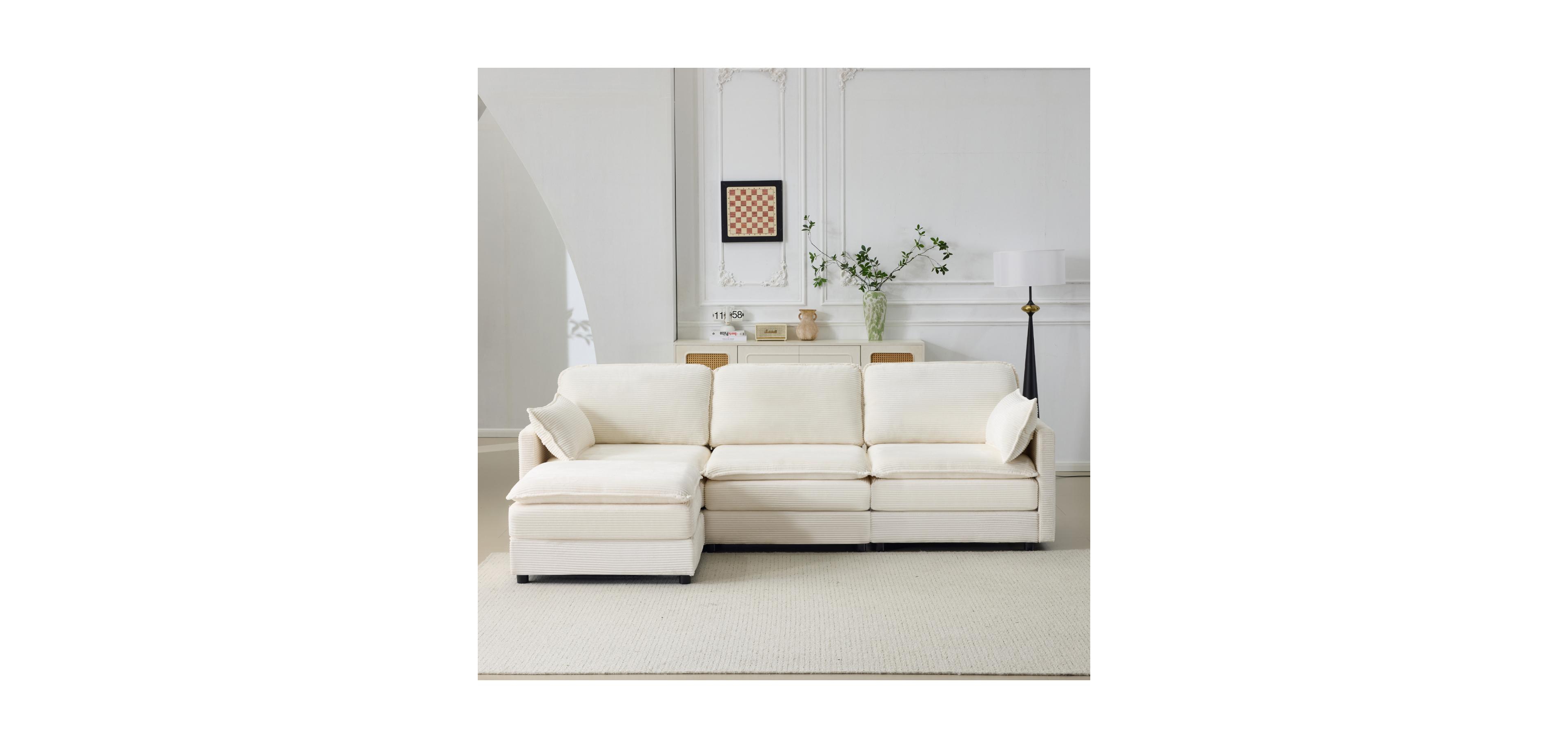 Streamdale Furniture Streamdale Plush Cloud 3 Seater Sofa & Ottoman - Beige Chenille Cushions & Throw Pillows