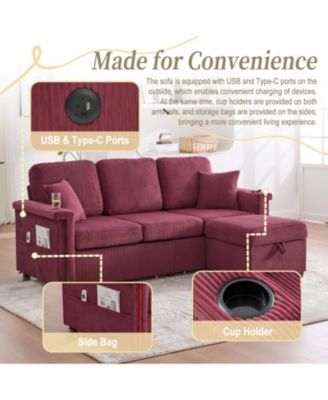L-Shaped Sectional Sofa w/ Storage Ottoman, USB, Cup Holder, Corduroy