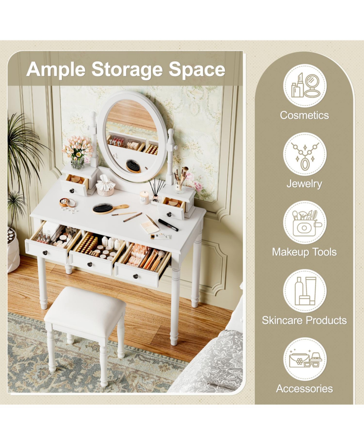 Streamdale Vanity Desk with Adjustable Mirror, Cushioned Stool & 5 Drawers - White