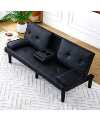 67" Black PVC Multifunctional Sofa Bed with Foldable Design & Cup Holder