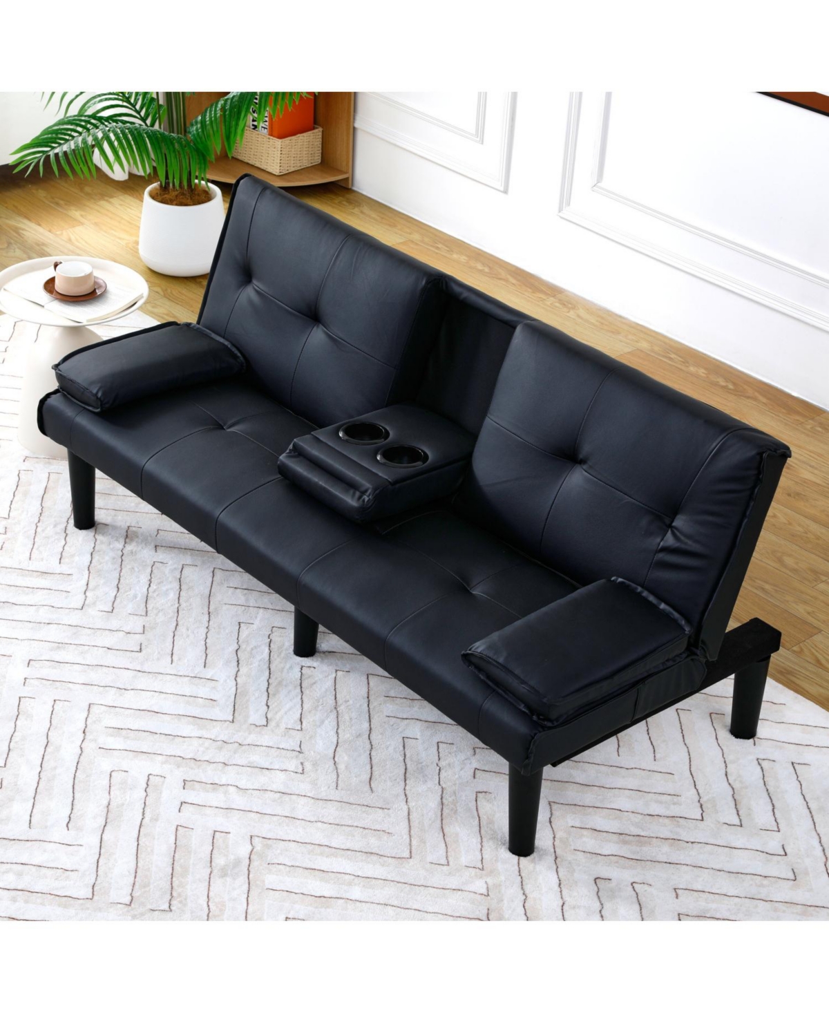Streamdale Furniture 67" Black Pvc Multifunctional Sofa Bed with Foldable Design & Cup Holder
