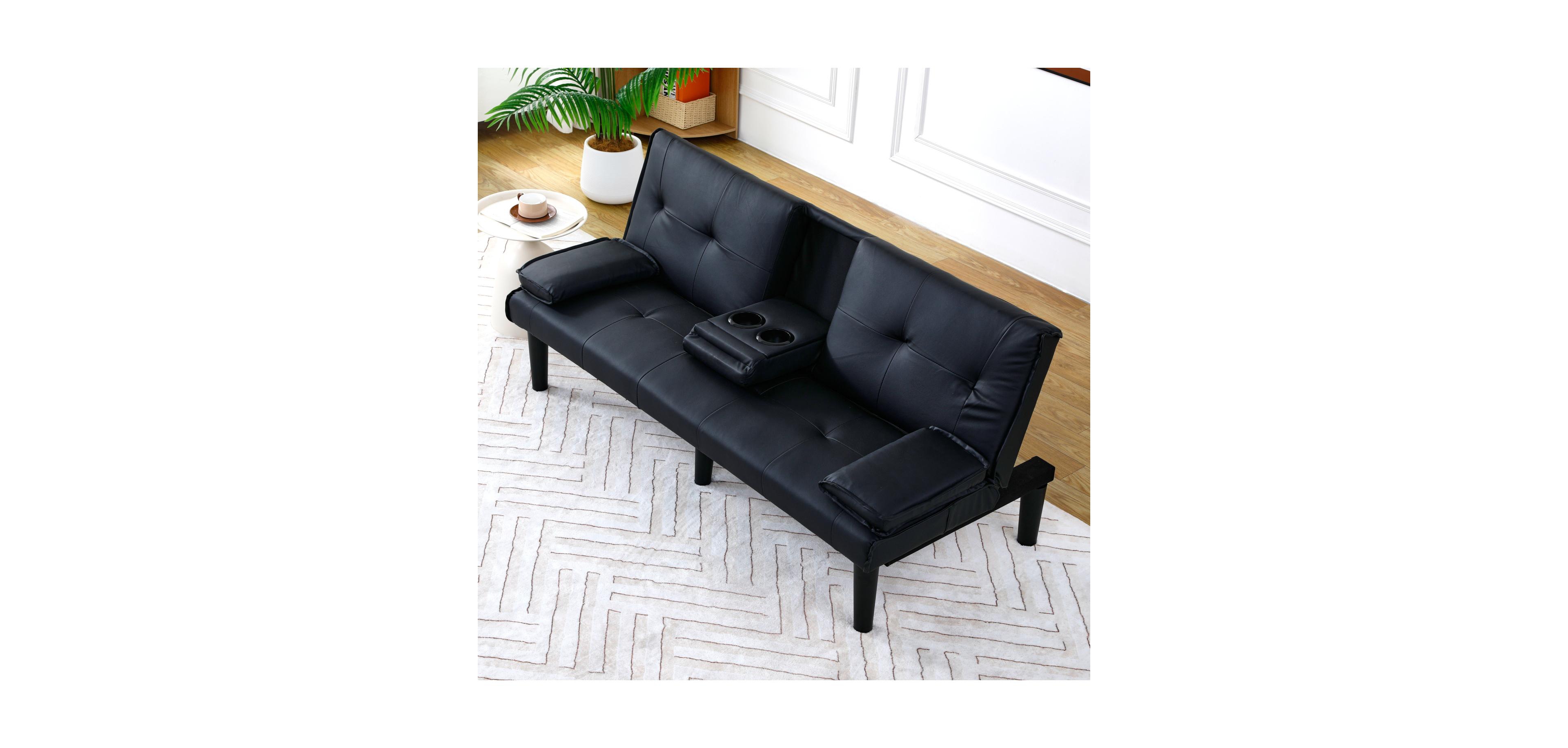 Streamdale Furniture 67" Black Pvc Multifunctional Sofa Bed with Foldable Design & Cup Holder