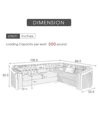 L-Shaped Chesterfield Sectional Sofa, Velvet, Gold Accents, Beige